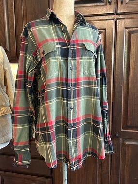 Polo Sz L Whitfield Green Plaid Leather Patch Button Down
